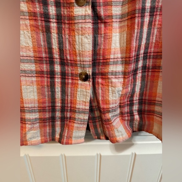 LOFT Plaid Flutter Sleeve Top With Button Detail Down Back - Picture 4 of 8